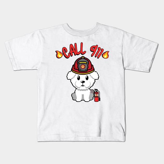 Cute furry dog is a firefighter Kids T-Shirt by Pet Station